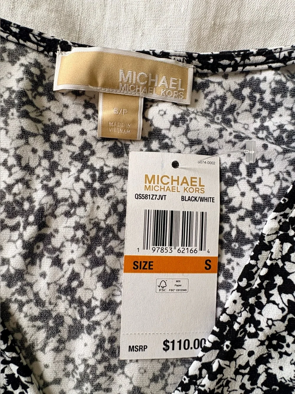 Michael Kors NWT Floral Wrap Dress Small Black White Puff Sleeve MSRP $110